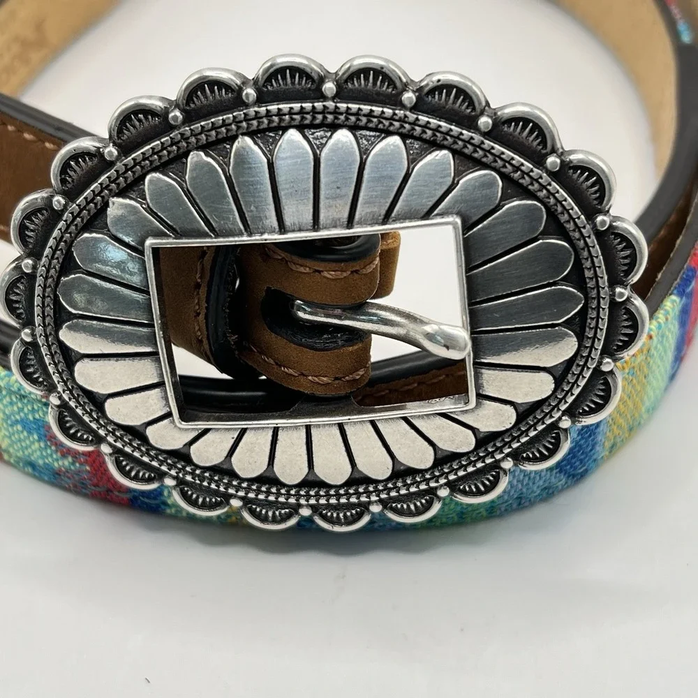 Nocona Textile Leather Stackable Belt Large Blue Multi Silver Buckle‎ Southwest